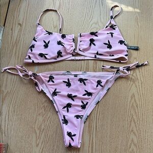 B3 New but Washed PLAYBOY 2pc Pink String Bikini w/Black Bunny🐰Print size Large